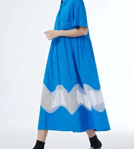 Women Blue Perspective Big Size Shirt Dress New Lapel Short Sleeve Loose Fit Fashion Tide Spring Summer 2025 1DF8791