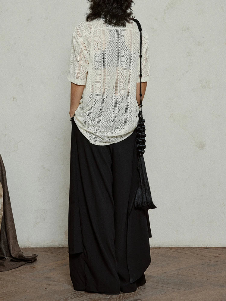 Women Beige Hollow Out Pocket Big Size Elegant Blouse New Lapel Short Sleeve Shirt Fashion Tide Spring Summer 2025 1DJ1184