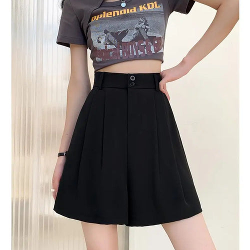 Load image into Gallery viewer, Summer Fashion Black Gray Casual Loose Wide Leg A-line Shorts Women Brown High Waist Elegant Lady Pleated Short Pants
