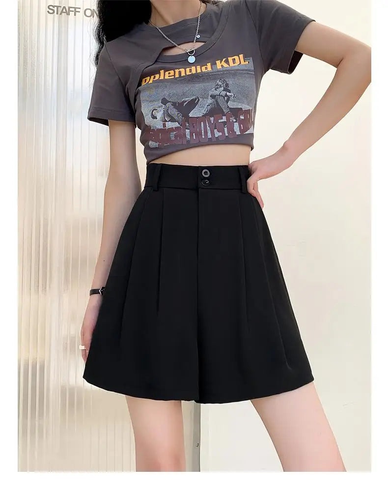 Summer Fashion Black Gray Casual Loose Wide Leg A-line Shorts Women Brown High Waist Elegant Lady Pleated Short Pants