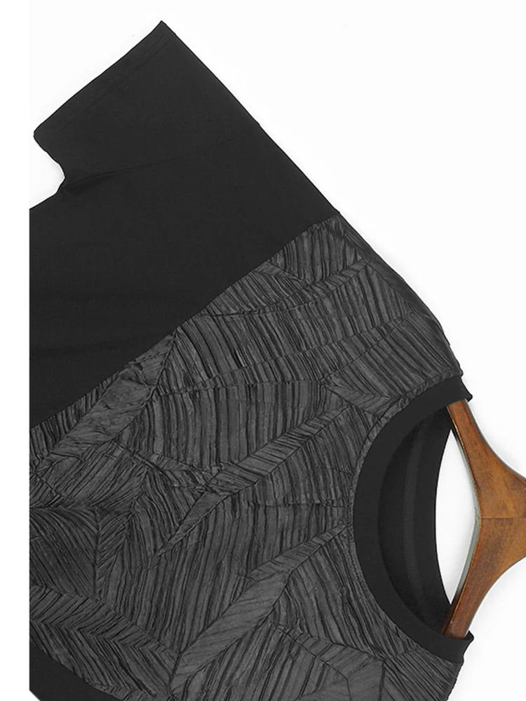 Women Black Pleated Spliced Big Size Irregular T-shirt New Round Neck Short Sleeve Fashion Tide Spring Summer 2025 1DH5857