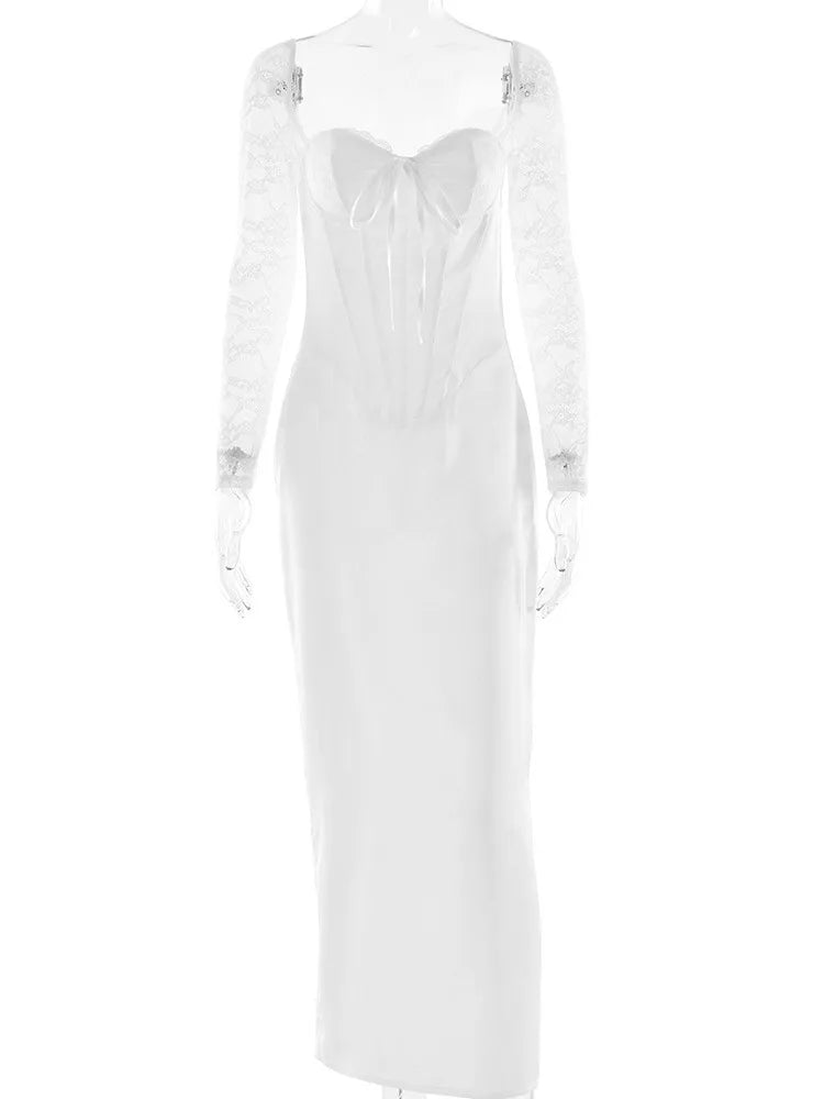 Elegant Lace Patchwork Body Party Club Evening Dress Women Winter Long Sleeve Satin Sexy Bareback Slimming Vestido 2025