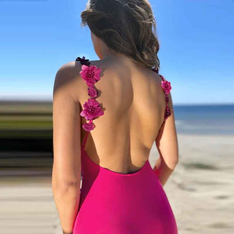 Flower Spaghetti Strap Backless Maxi Dress Women Rose Pink Bodycon Slipdress Ladies Elegant Sexy Club Party Dress