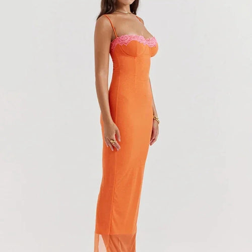 Load image into Gallery viewer, Spaghetti Strap Backless Long Dresses for Women Elegant Orange Vacation Outfit Sexy Lace Trim Mesh Dress C92-CH30
