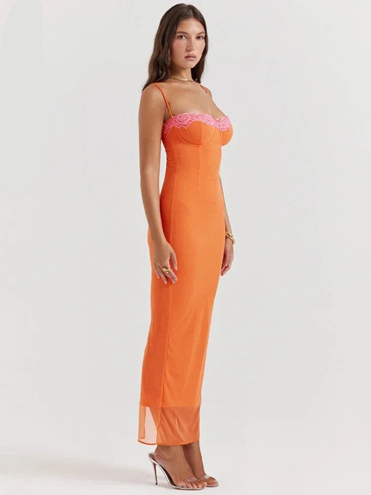 Spaghetti Strap Backless Long Dresses for Women Elegant Orange Vacation Outfit Sexy Lace Trim Mesh Dress C92-CH30