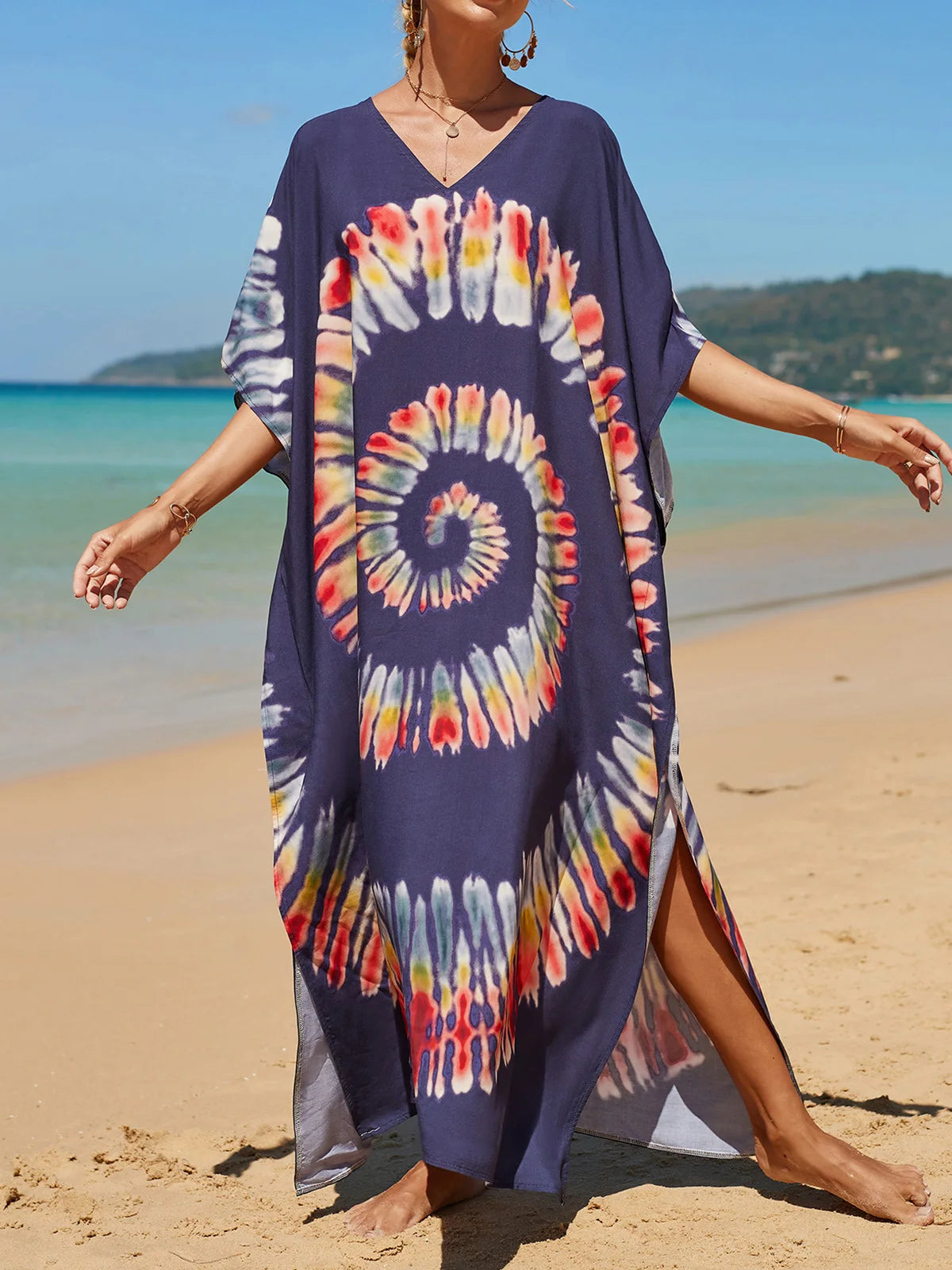 Colorful Kaftan Tunic Beach Cover Up Cover-ups Beach Dress Beach Wear Beachwear Loose Maxi Dress Female Women V4428