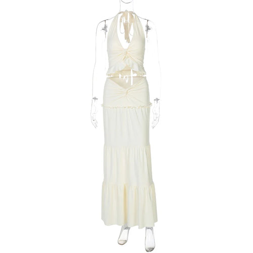 Load image into Gallery viewer, Sexy Sleeveless Skirt Two Pieces Sets For Women V-neck Hollow Out Crop Tops And Long Skirt Patchwork Two Pieces Sets
