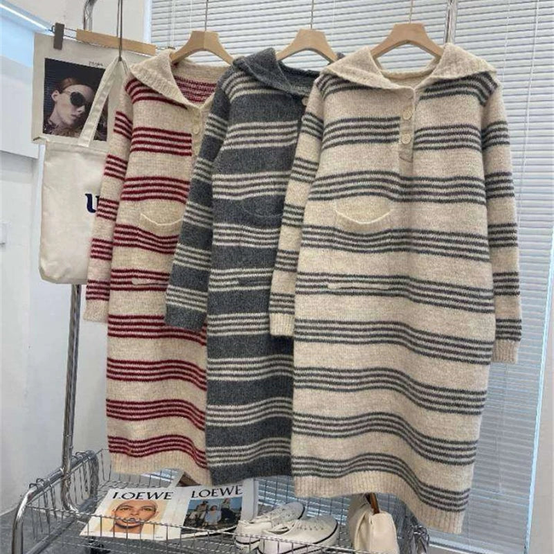 Autumn Winter Striped Hooded Long Sleeved Sweater Long Dresses Korean Fashion Women's Single Breasted Knitted Loose Dress Casual