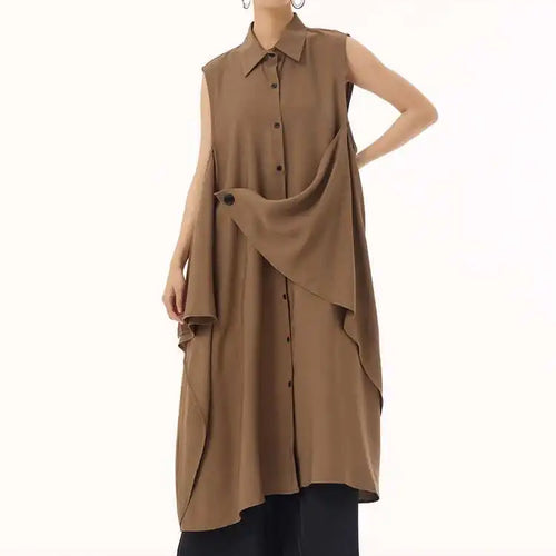 Load image into Gallery viewer, Women Khaki Irregular Spliced Big Size Midi Shirt Dress New Lapel Sleeveless Fashion Tide Spring Summer 2025 1DH9434

