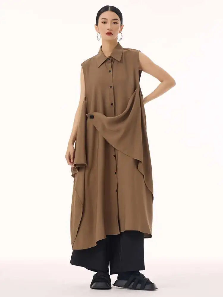 Women Khaki Irregular Spliced Big Size Midi Shirt Dress New Lapel Sleeveless Fashion Tide Spring Summer 2025 1DH9434