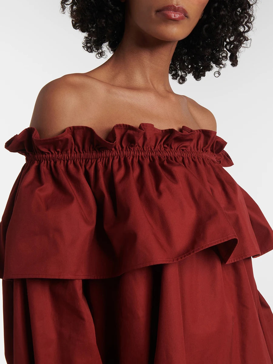 Solid Spliced Ruffles Loose Dresses For Women Slash Neck Long Sleeve High Waist Temperament Mini Dress Female New