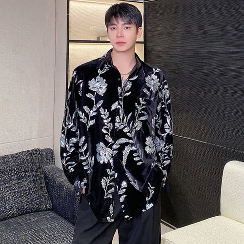 Load image into Gallery viewer, Personality Velvet Male Shirts Lace-up Sequin Embroidery Turn-down Collar Contrast Color Men&#39;s Long Sleeve Tops Tide 9C4984
