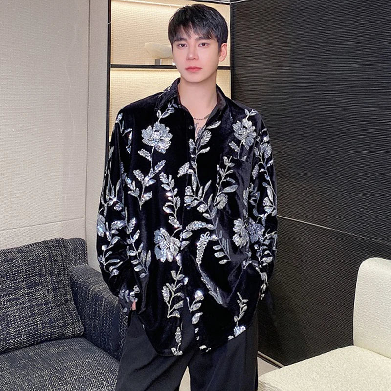 Personality Velvet Male Shirts Lace-up Sequin Embroidery Turn-down Collar Contrast Color Men's Long Sleeve Tops Tide 9C4984