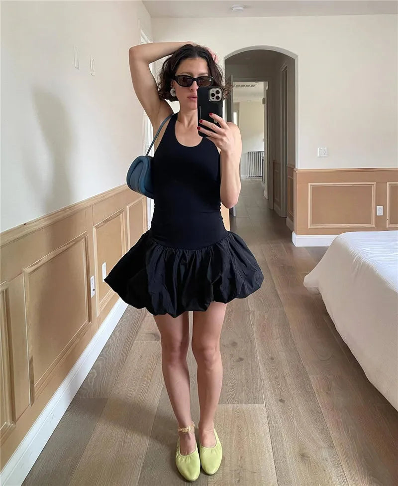 Black Sleeveless Puffy Dress For Women Fashion Round Neck High Waist Backless A-line Loose Sexy Dress Clothes