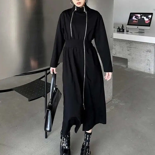 Load image into Gallery viewer, Women Black Zipper Irregular Hem Slit Midi Dress New Turtleneck Long Sleeve Fashion Tide Spring Autumn 2025 1DH9354
