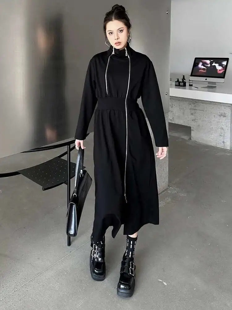 Women Black Zipper Irregular Hem Slit Midi Dress New Turtleneck Long Sleeve Fashion Tide Spring Autumn 2025 1DH9354