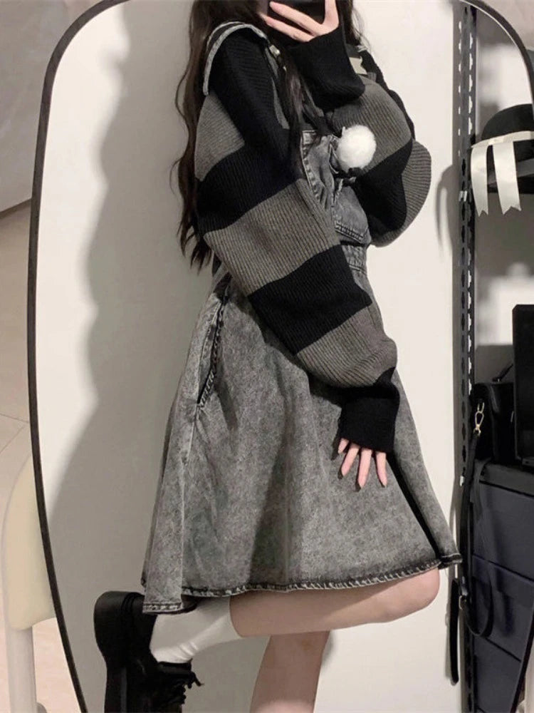 2025 Vintage Autumn Fashion Black Striped Pullovers Women Knitted Oversized Hooded Sweaters Y2k Aesthetic Loose Grunge Jumpers