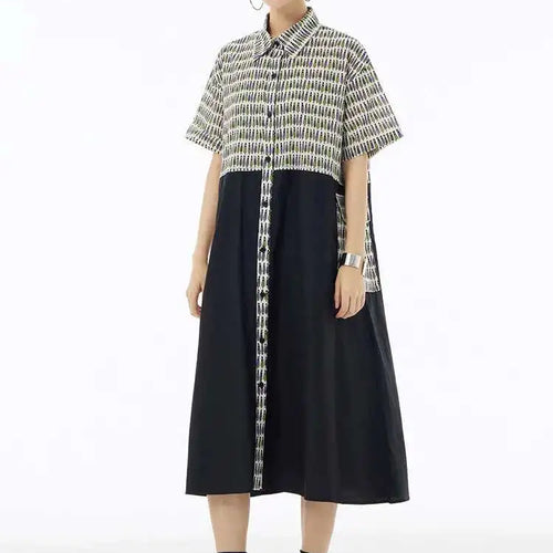 Load image into Gallery viewer, Women Black Printed Color-block Big Size Shirt Dress New Laple Short Sleeve Fashion Tide Spring Summer 2025 1DH6081
