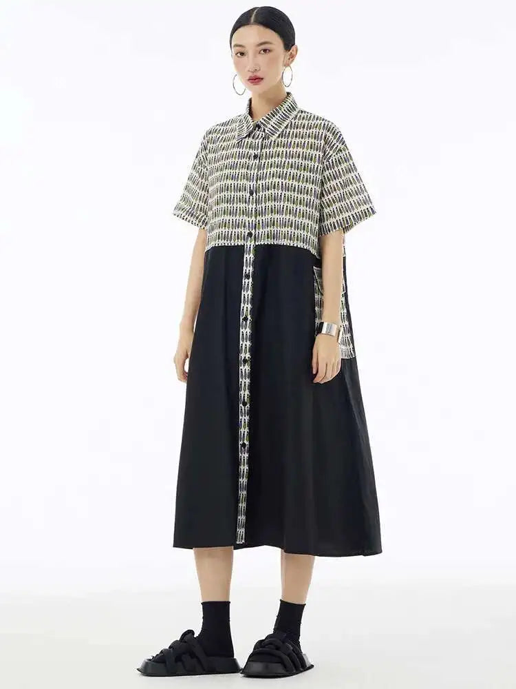 Women Black Printed Color-block Big Size Shirt Dress New Laple Short Sleeve Fashion Tide Spring Summer 2025 1DH6081