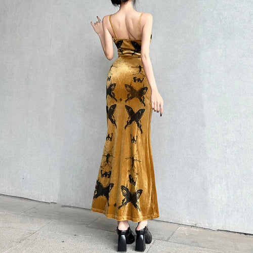 Load image into Gallery viewer, Spaghetti Strap Velour Elegant Long Dress Female Vintage Butterfly Printing Fashion Sexy Party Dresses Goth Clothing
