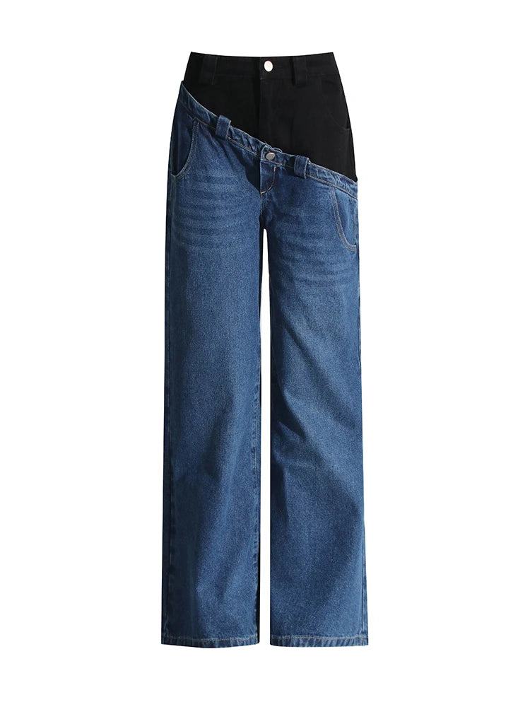 Colorblock Chic Denim Trouser For Women Plunging Patchwork Button Streetwear Wide Leg Pant Female Fashion Clothes