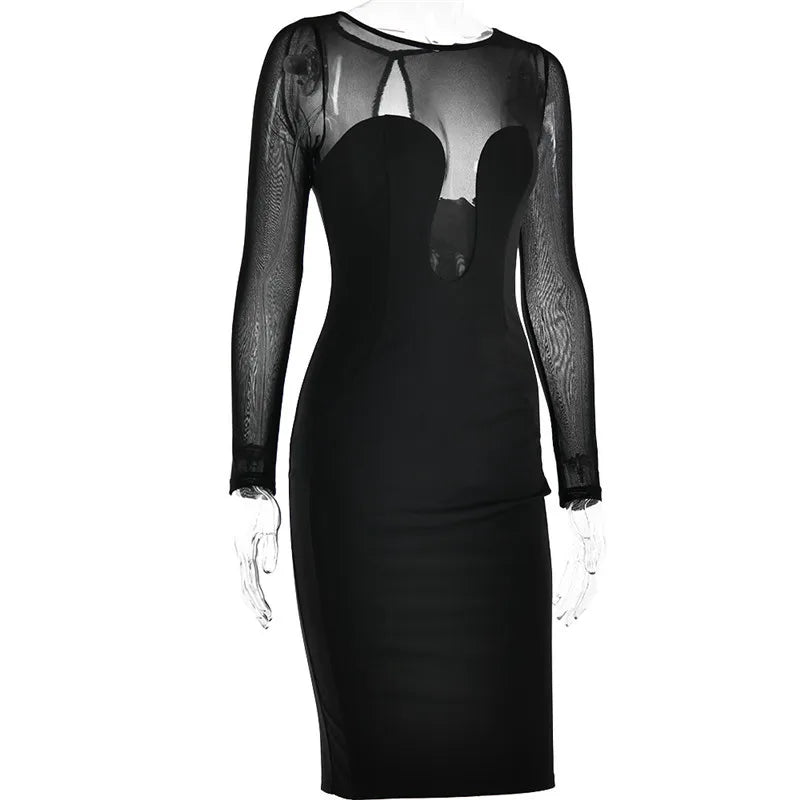 Elegant Strapless Sexy Midi Dress For Women Fashion Sheer Long Sleeve Backless Split Bodycon Club Party Sexy Long Dress