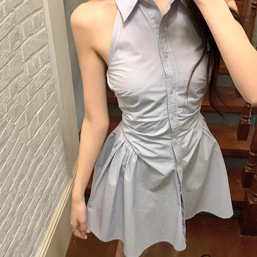 Load image into Gallery viewer, Sleeveless High Street Female Shirt Dress Slim Waist Pleated Solid Color Women Dresses Single Breasted Fashion Streetwear
