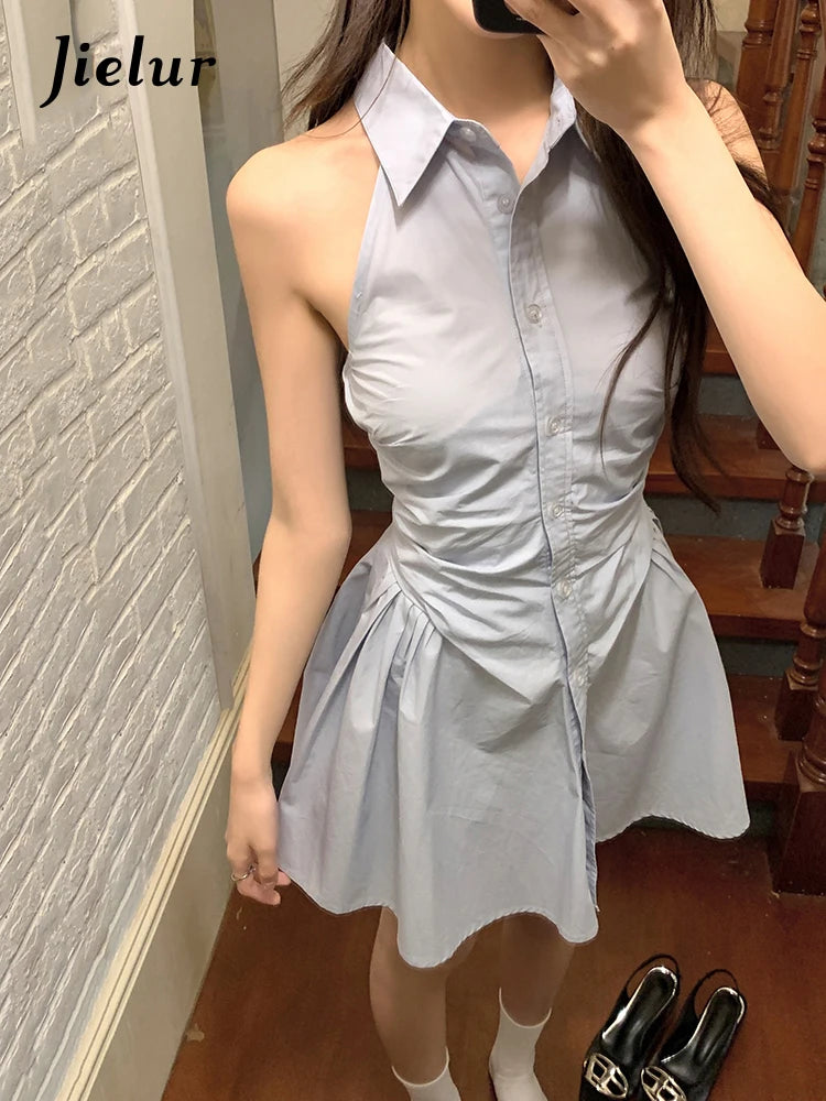 Sleeveless High Street Female Shirt Dress Slim Waist Pleated Solid Color Women Dresses Single Breasted Fashion Streetwear