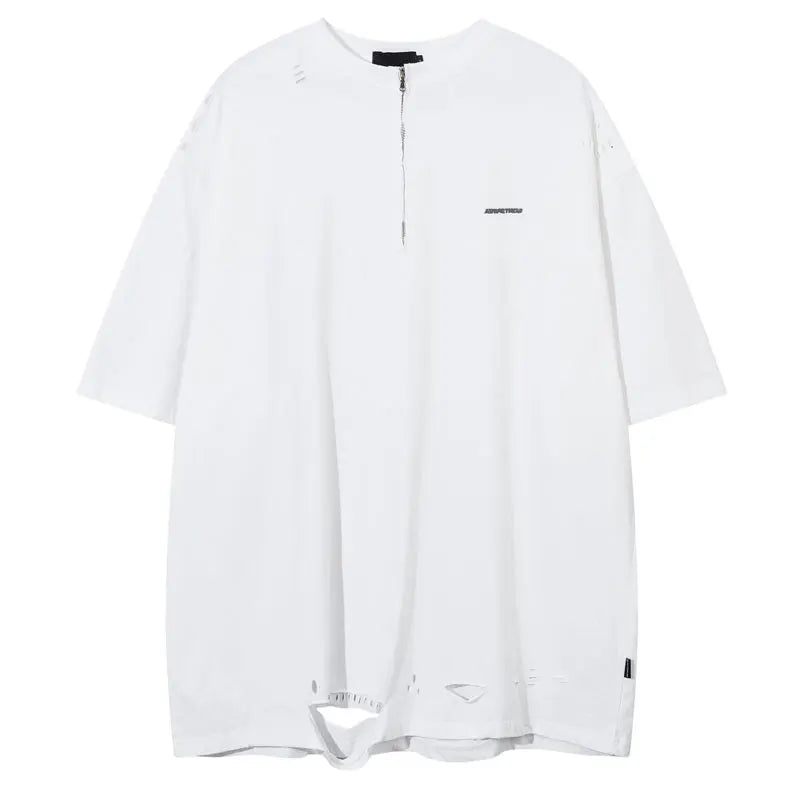 Hip Hop Oversized Tshirt Streetwear Solid Half Zipper Destroy Ripped Holes Punk Gothic T-Shirts Men Harajuku Casual Baggy Tops