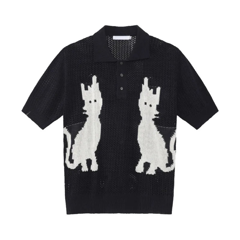 Contrast Color Men's Tees Cartoon Design Niche Turn-down Collar Knitting Tops Short Sleeve Casual Male T-shirts Tide 9W1255