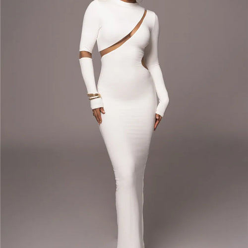 Load image into Gallery viewer, Turtleneck Long Sleeve Bodycon Maxi Dress For Women Autumn New Patchwork Hollow Out Club Party Sexy Long Dress Vestidos
