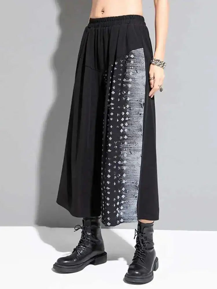 High Elastic Waist Black Pattern Printed Wide Leg Pants New Loose Fit Trousers Women Fashion Spring Autumn 2025 1DF8308