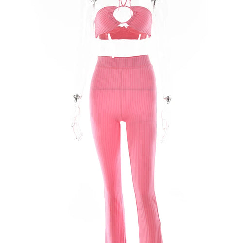 Load image into Gallery viewer, Casual Backless Two Pieces Sets Women Sexy Halter Hollow Out Top Long Flare Pant Suit Party Outfits Strapless Tracksuit
