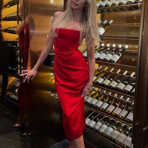 Load image into Gallery viewer, High Quality Sexy Midi Dress Women 2022 New Arrivals Red Slip Dress Bodycon Dress Satin Fashion Party Night Black Robes
