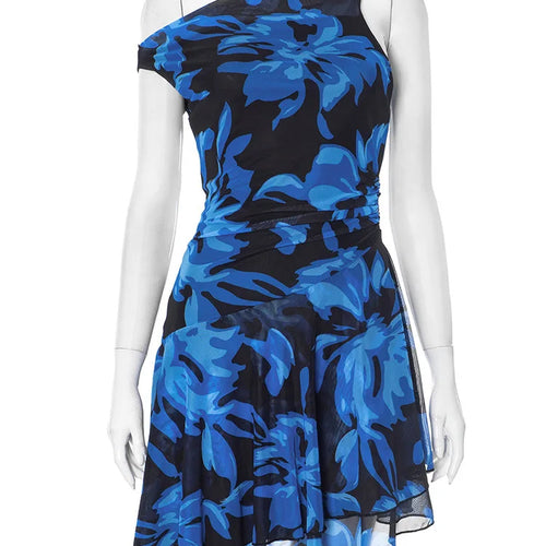 Load image into Gallery viewer, Blue Print Ruffled Sexy Mini Dress For Women Robe Irregular Oblique Shoulder Sleeveless Backless Club Party Dress Beach
