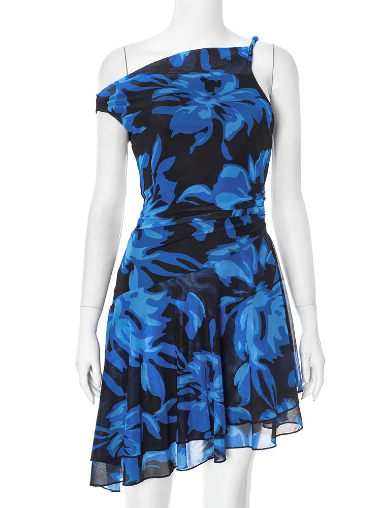 Blue Print Ruffled Sexy Mini Dress For Women Robe Irregular Oblique Shoulder Sleeveless Backless Club Party Dress Beach