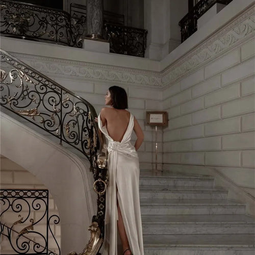 Load image into Gallery viewer, Satin Backless Sexy Maxi Dress For Women Elegant Rose Thigh High Split Beach Holiday Long Dress Gorgeous Club Gown
