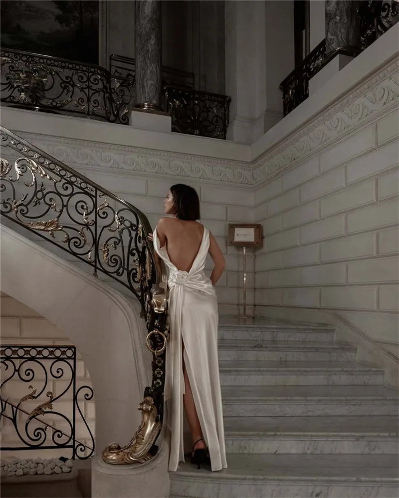 Satin Backless Sexy Maxi Dress For Women Elegant Rose Thigh High Split Beach Holiday Long Dress Gorgeous Club Gown