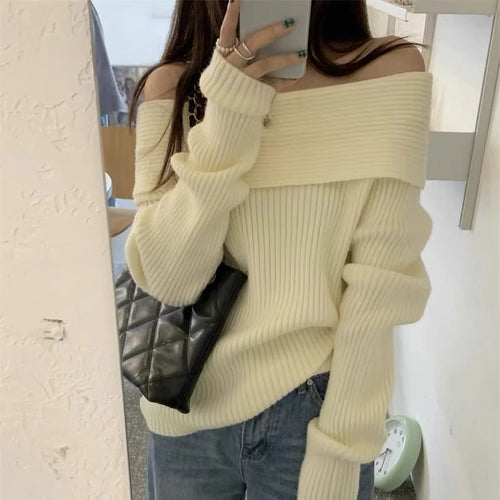 Load image into Gallery viewer, Harajuku Slash Neck Solid Sweaters Grunge Vintage Women Bottoming Pullovers Off Shoulder Y2k Aesthetic Casual Knitted Jumper
