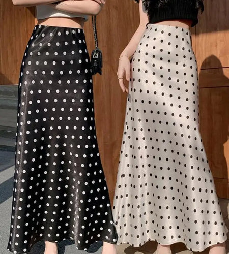 Spring Summer French Fashion Black Beige Dot Elegant Sexy Pleated Long Skirt Women High Waist Slim Wrapped Hip Skirt 2025 Casual