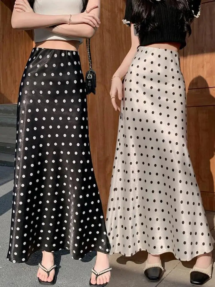 Spring Summer French Fashion Black Beige Dot Elegant Sexy Pleated Long Skirt Women High Waist Slim Wrapped Hip Skirt 2025 Casual