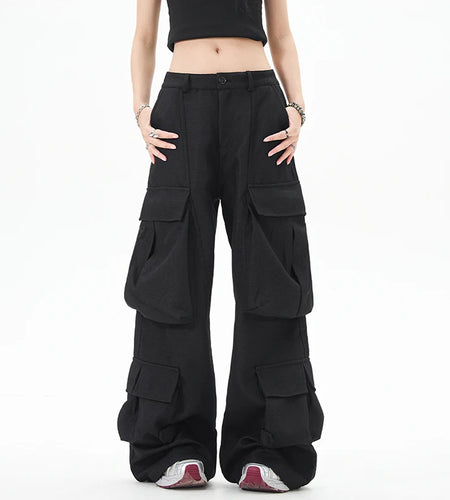 Chic Men's Cargo Pants American Style Multi Pockets Straight Leg Solid Color High Street Male Bottoms Summer 9W1918