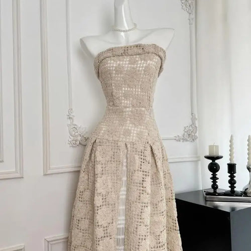 Load image into Gallery viewer, Summer 2024 Khaki Sleeveless Backless Elegant Sexy Club Strapless Dress Women Hollow Out Flower Crochet Party Long Dress Popular
