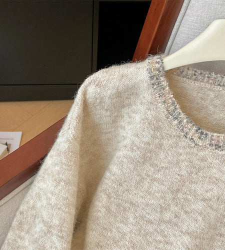 Korean Simple Khaki Long Sleeves Loose Knit Crochet Sweater Women's Round Neck Office Lady Short Pullover Tops Autumn Winter New