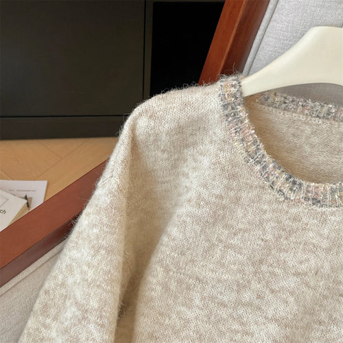 Load image into Gallery viewer, Korean Simple Khaki Long Sleeves Loose Knit Crochet Sweater Women's Round Neck Office Lady Short Pullover Tops Autumn Winter New
