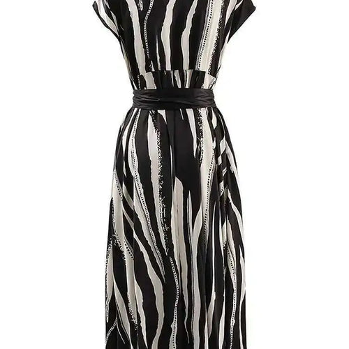 Load image into Gallery viewer, Women Beige Striped Printed Belted Elegant Midi Dress New V-Neck Sleeveless Fashion Tide Spring Summer 2025 CPG1504
