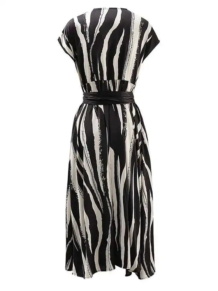 Women Beige Striped Printed Belted Elegant Midi Dress New V-Neck Sleeveless Fashion Tide Spring Summer 2025 CPG1504