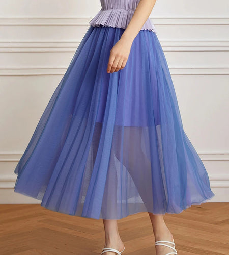 Patchwork Mesh Skirts For Women High Waist Casual Loose Solid Spliced Folds A Line Skirt Female Fashion Clothing