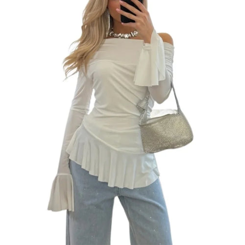 Load image into Gallery viewer, Ruffle Tops y2k Clothes Women Sexy Off Shoulder Flared Long Sleeve Asymmetrical Hem T Shirts 2000s Clothing Streetwear
