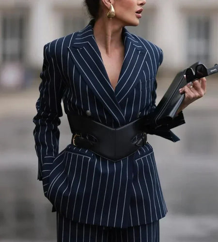 Women Blazer & Suits Business Office Fall Spring Striped V-Neck Jacket Long Wide Leg 2 Pieces Sets Pants Suits